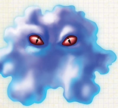 Artwork of Blobgoblin, a giant blob of blue slime with eyes, from Finster's Monster-Matic Cookbook