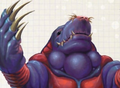 Artwork of Dramole, a giant mole monster with dark purple skin, from Finster's Monster-Matic Cookbook