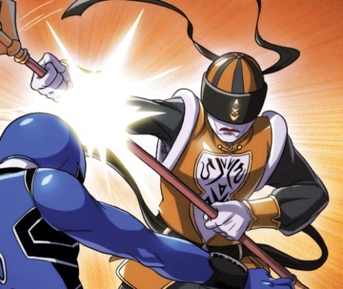 Artwork of a Rinshi Warrior striking a blue ranger with a pike from Finster's Monster-Matic Cookbook