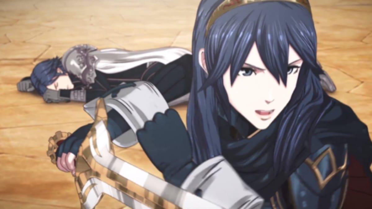Fire Emblem Screenshot Showing a long haired character wielding a sword to protect a fallen comrade