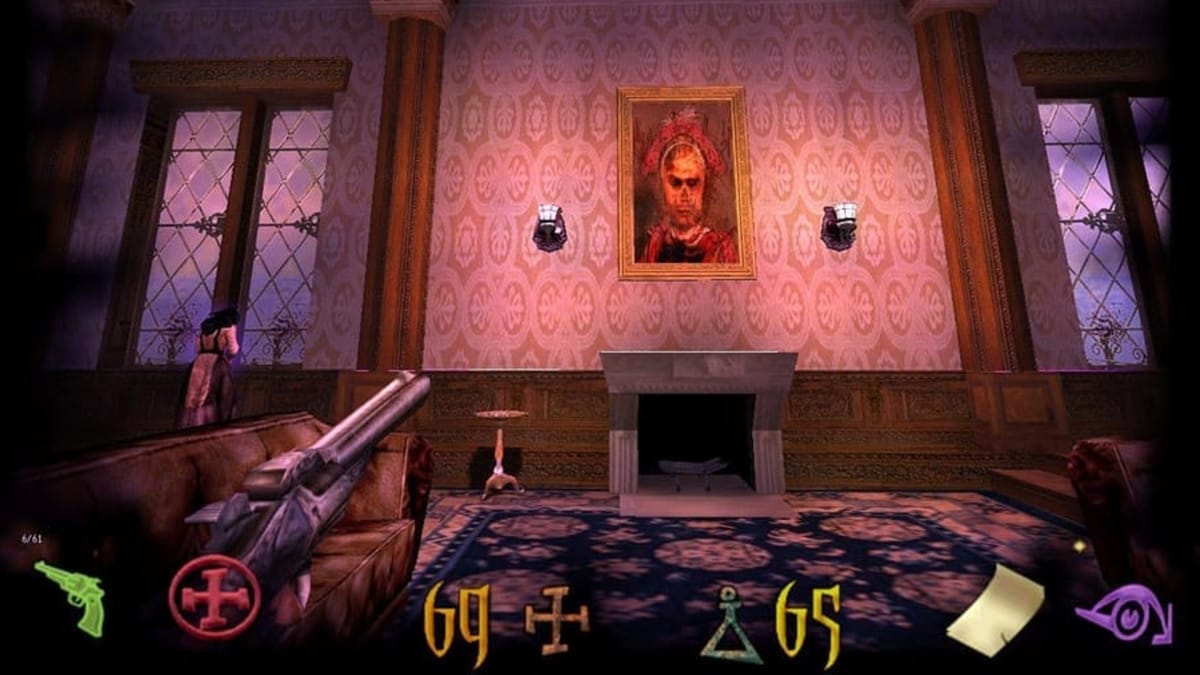 A player can be seen looking at a picture on the wall