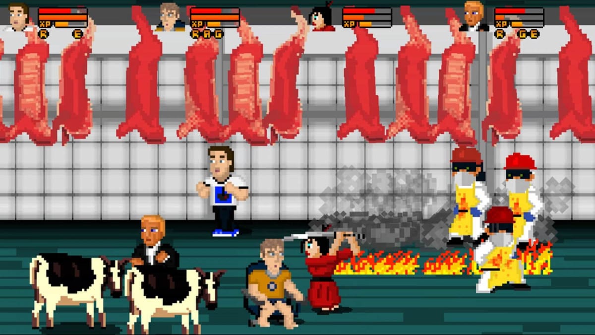 A group of players making their way through a meat packing plant in the Adult Swim Games title Fist Puncher