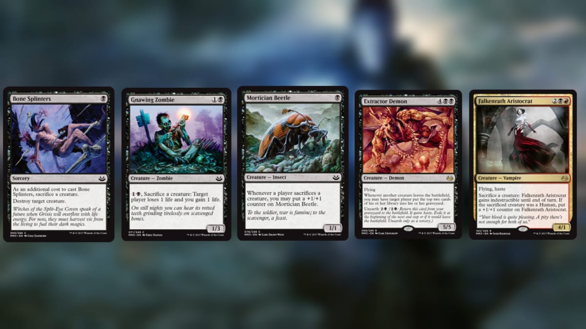 five black magic the gathering cards all featuring horrific or in some way disgusting art work 