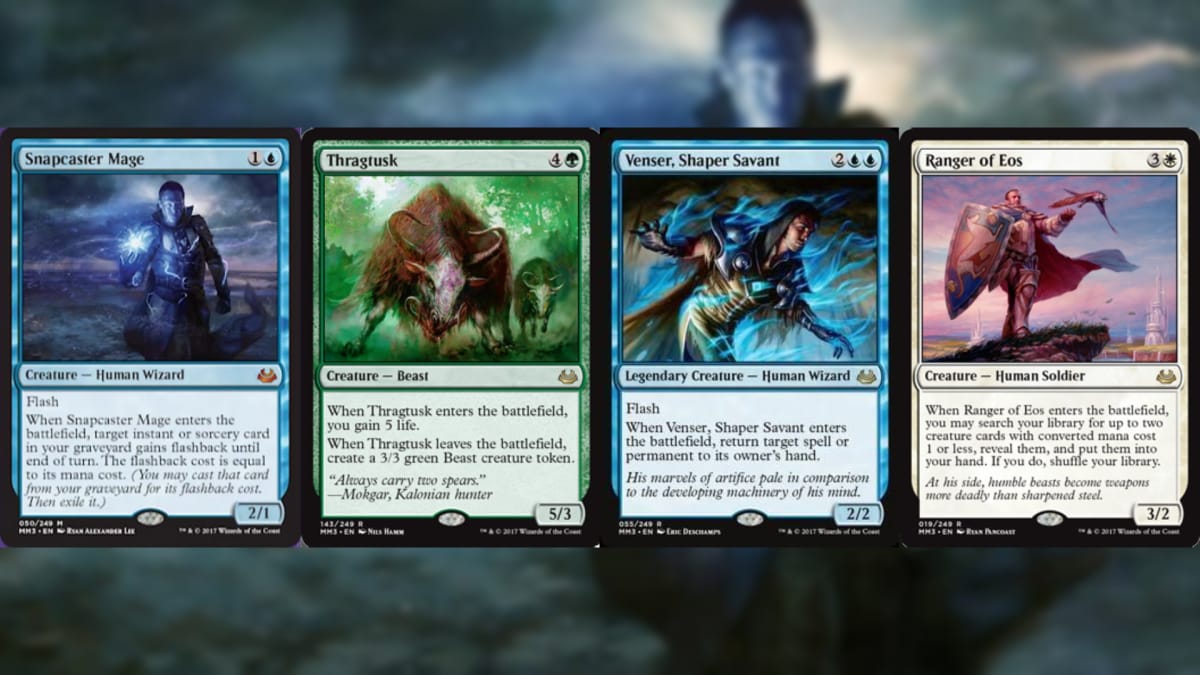 five magic the gathering cards in a row all with different colors and art depicting various characters or creatures