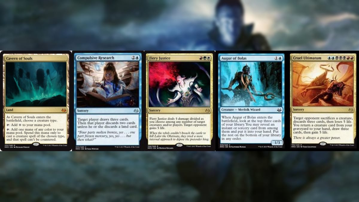 five magic the gathering cards in blue and gold borders with art depicting various fantasy settings and events