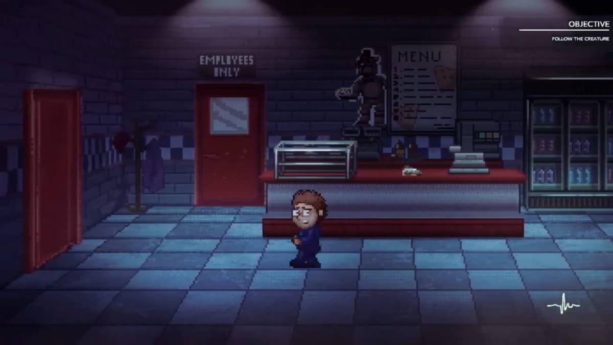 The main character stalking through a darkened pizza joint in Five Nights at Freddy's: Into the Pit