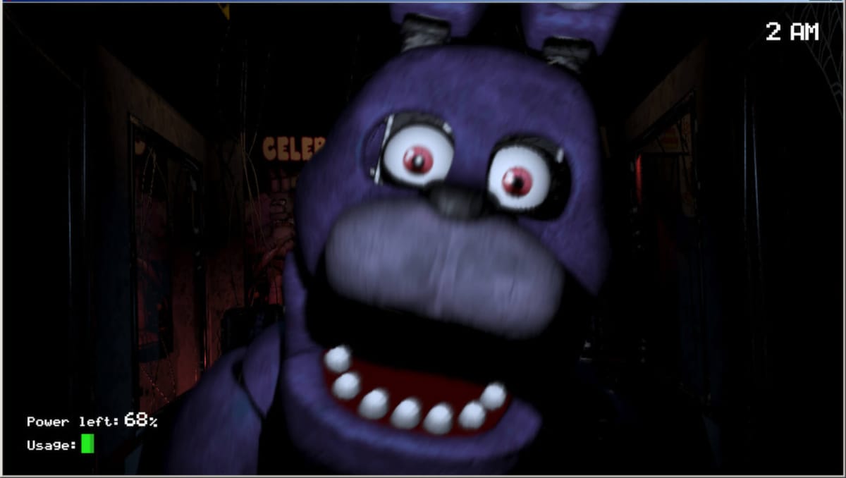 An animatronic jumpscaring the player in Five Nights at Freddy's