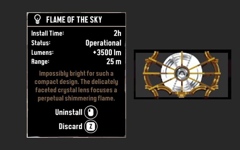 Image of the flame of the sky light with its stats in dredge