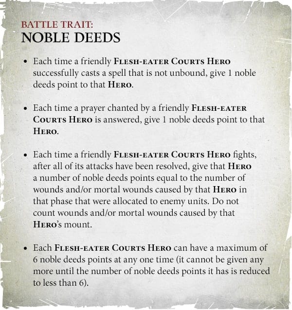 A block of text explaining Noble Deeds from the Flesh-eater Courts Battletome