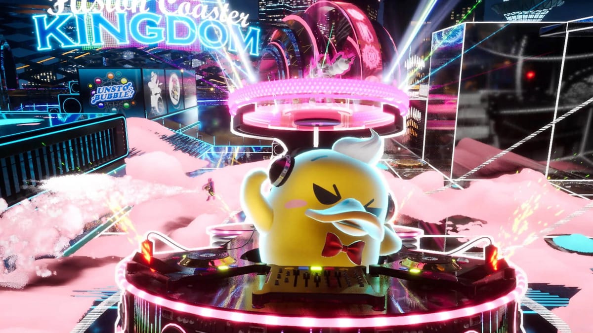 A duck DJ at a table while players surround it with foam in the PS5 game Foamstars