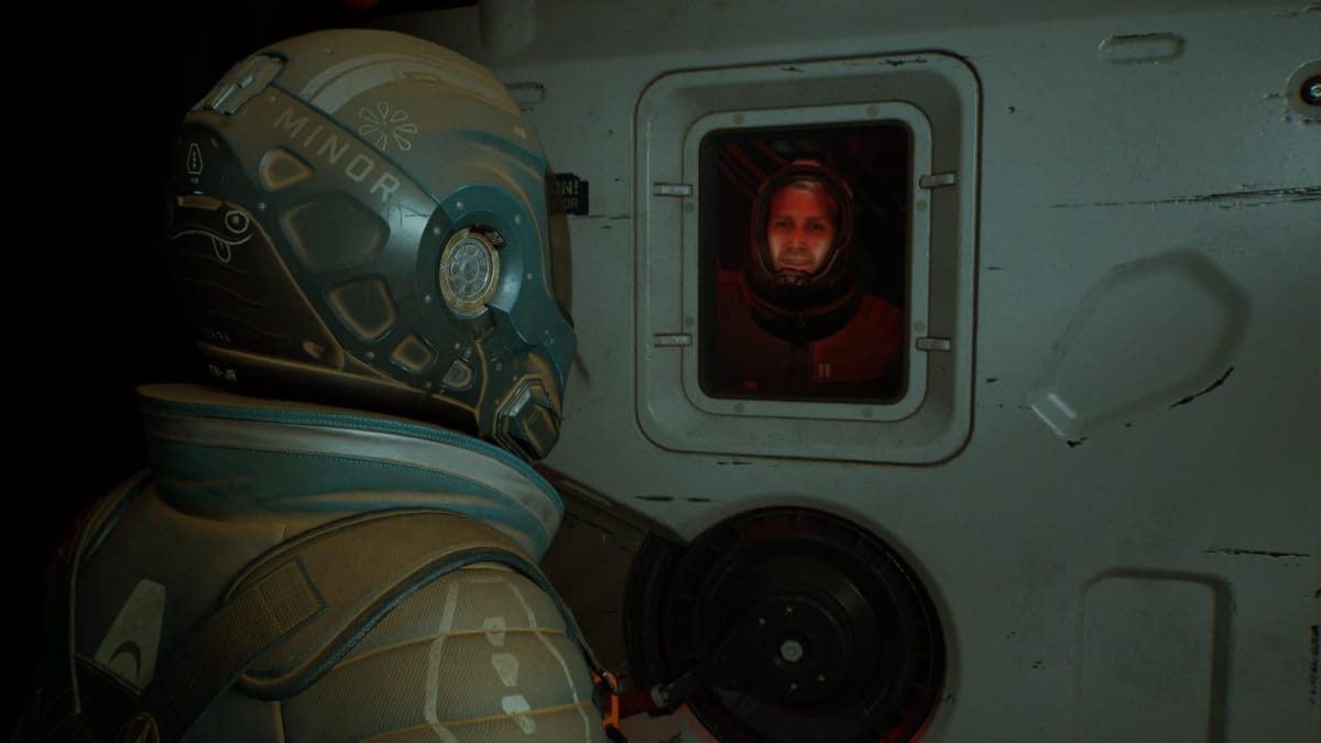 Two Fort Solis characters separated by a door on Mars 