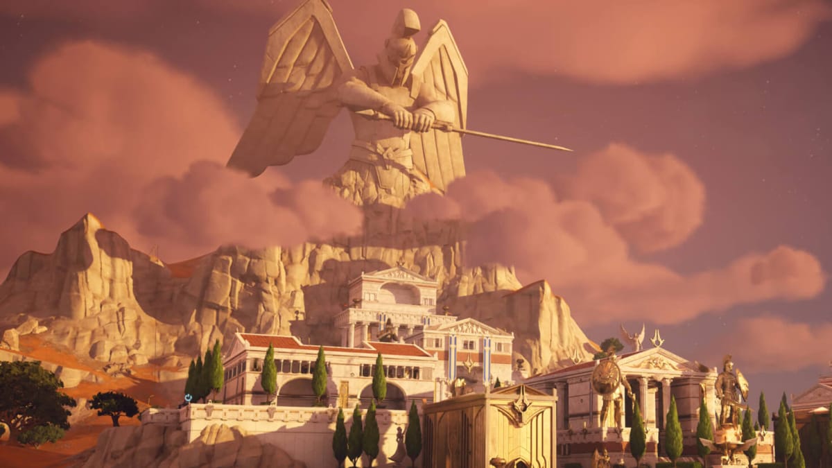 A view of Mount Olympus with the giant monument overlooking it in Fortnite Chapter 5 Season 2