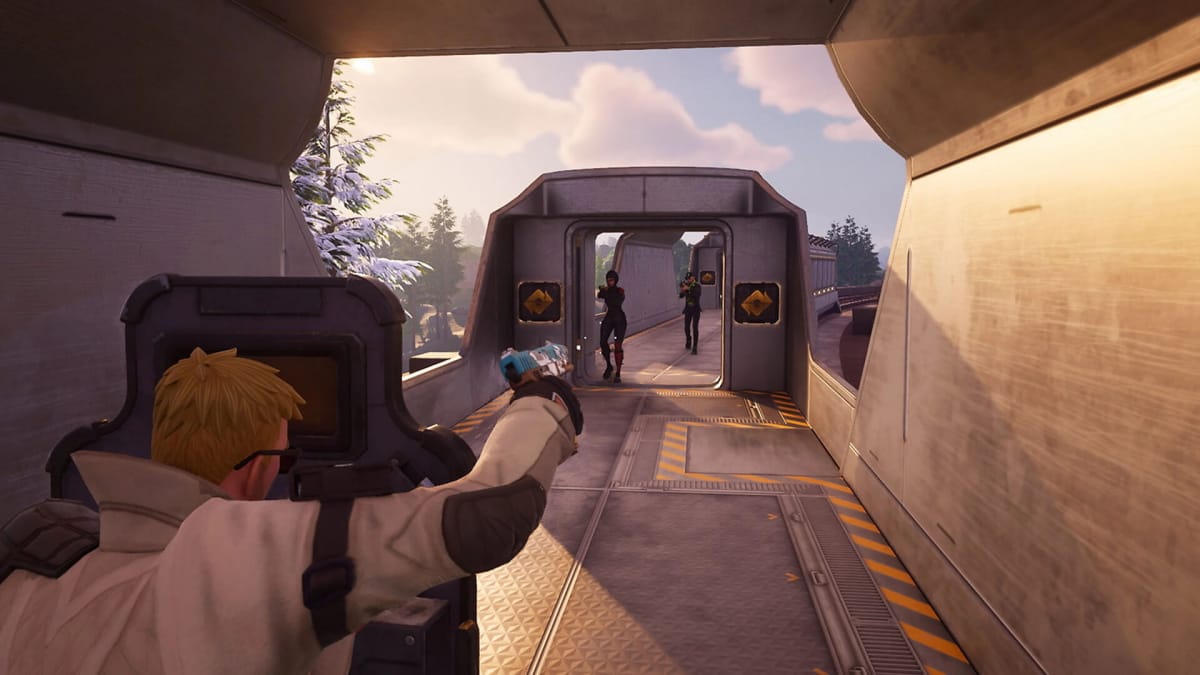 The player raising a riot shield and shooting at enemies on a train in Fortnite, which performed very well in Circana's January 2024 data