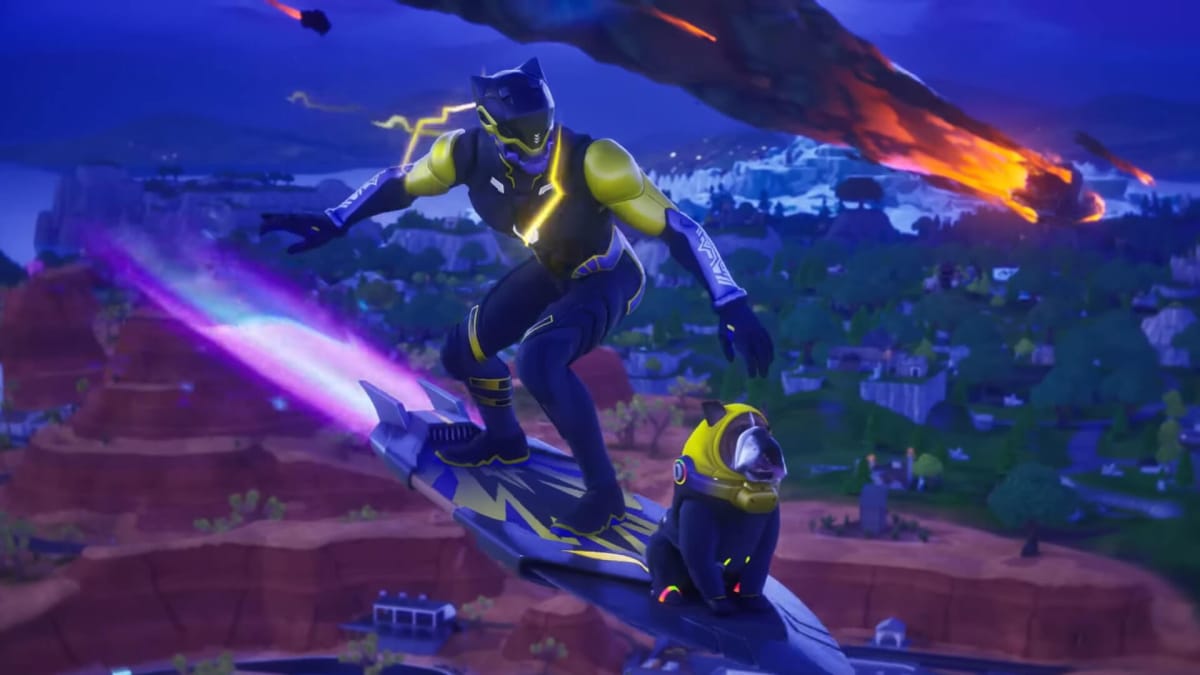 A futuristic superhero-style character riding a hoverboard with Lewis Hamilton's dog Roscoe sitting on the edge in Fortnite