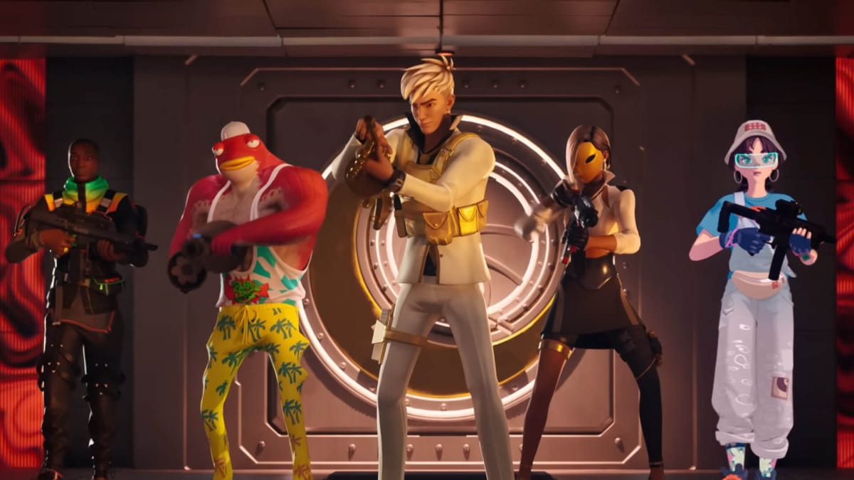 A lineup of characters getting ready to pull off a heist in Fortnite