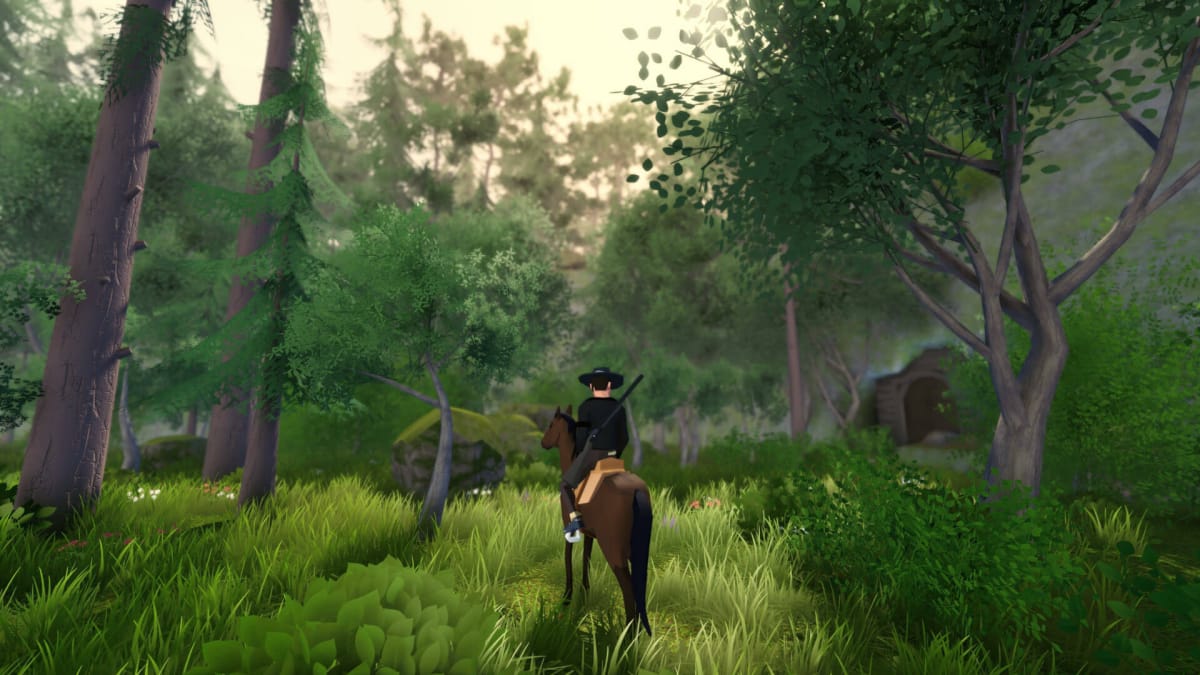 The player riding a horse and exploring a forest in Forty-Niner