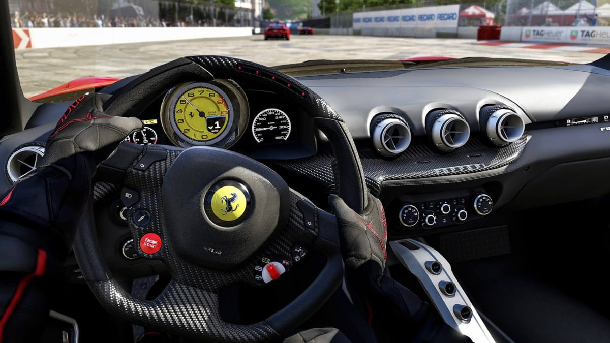 A dashboard view of a racer driving a car in Forza Motorsport 6