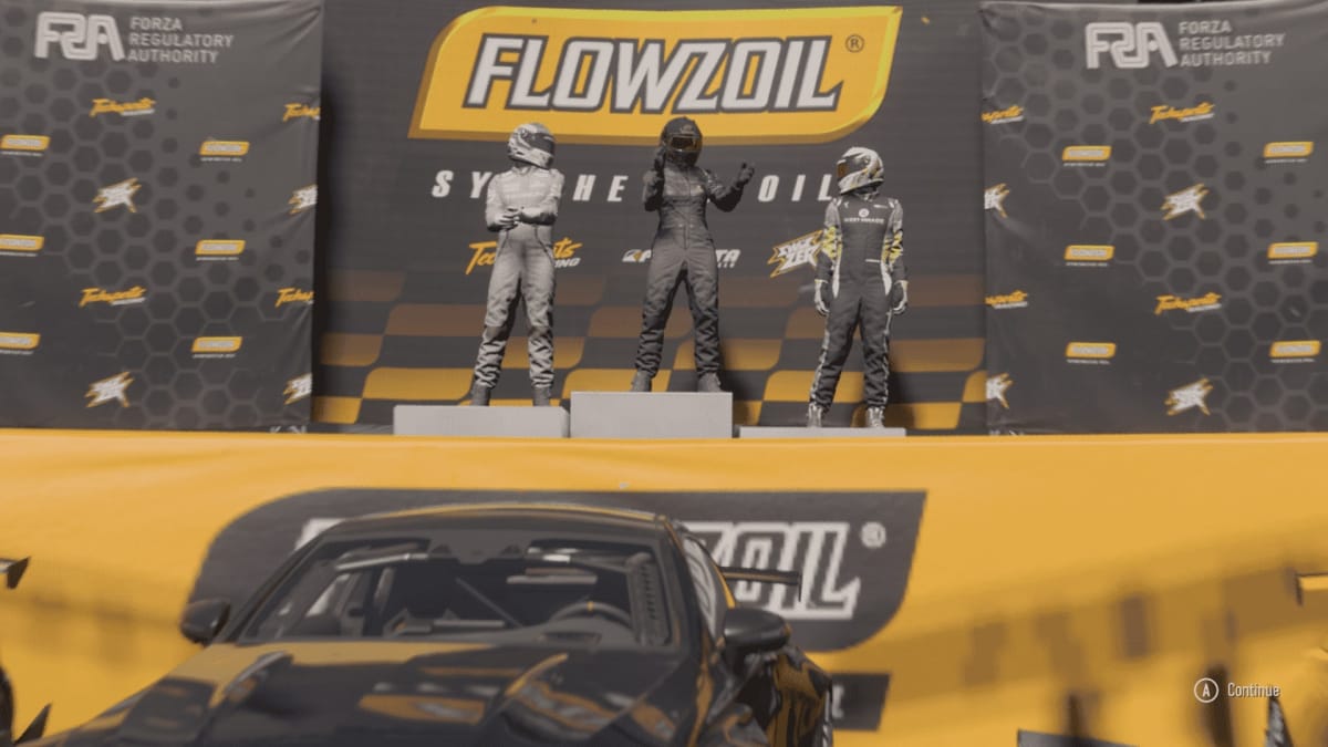 An in-game screenshot of Forza Motorsport, showcasing the top 3 drivers of a race celebrating on a podium in cloudy weather.