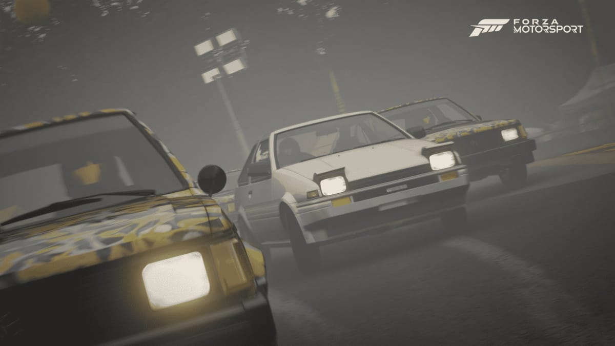 An in-game screenshot of Forza Motorsport, showcasing three cars driving alongside each other in light foggy weather, with the Toyota Truneo in center frame.