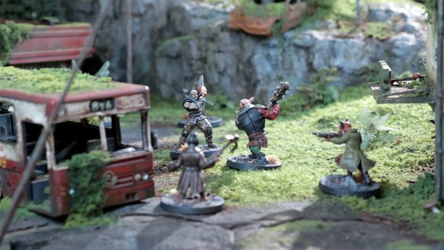 A screenshot of miniatures and terrain seen from Free League Publishing's skirmish game Mutant Year Zero: Zone Wars