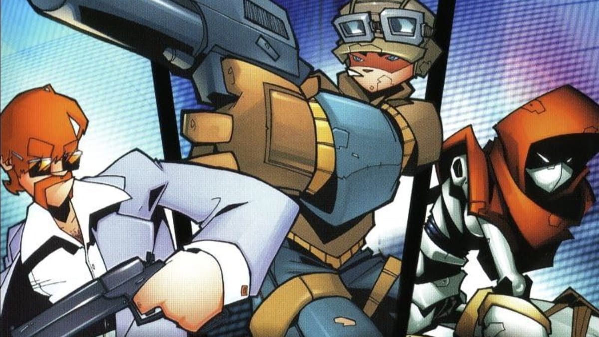 Artwork for the Free Radical game TimeSplitters 2, depicting three of its characters in concept art form