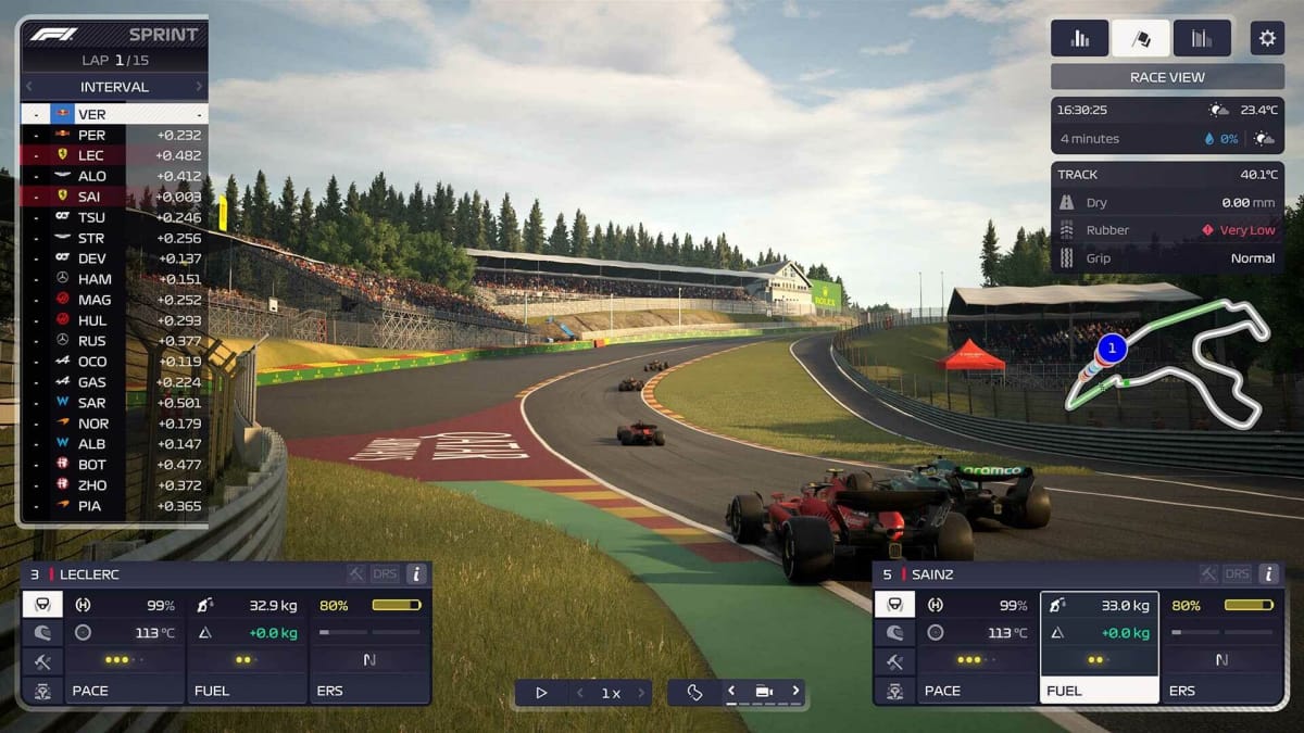 An in-game shot of the Frontier Developments game F1 Manager, complete with many menus showing information like track status and race positions
