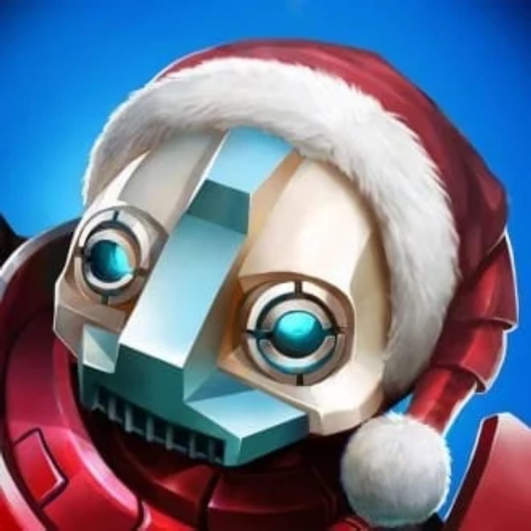 Frostbot artwork showing the face of a robot wearing a Santa hat. The robot is red and white in a clear Christmas theme. 