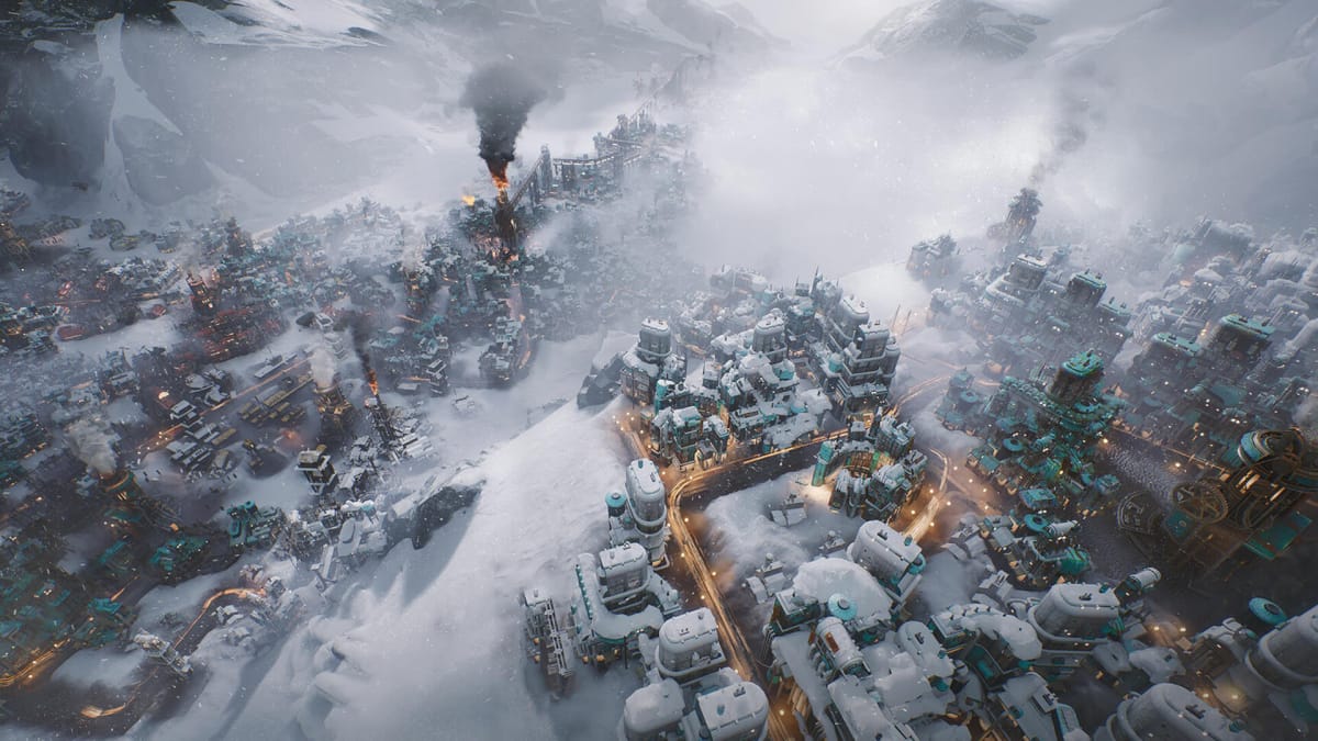 A massive city covered in snow in Frostpunk 2