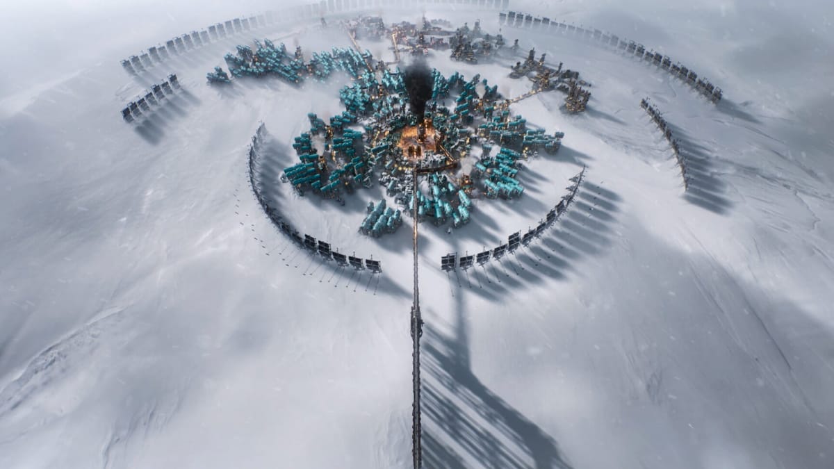 A vast city in the snow in Frostpunk 2