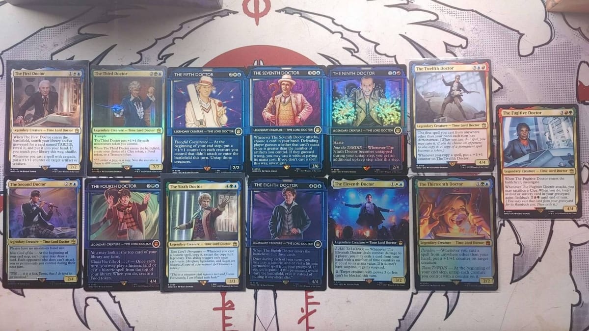 An image of multiple different Doctor Who Commander Doctor cards lined up.
