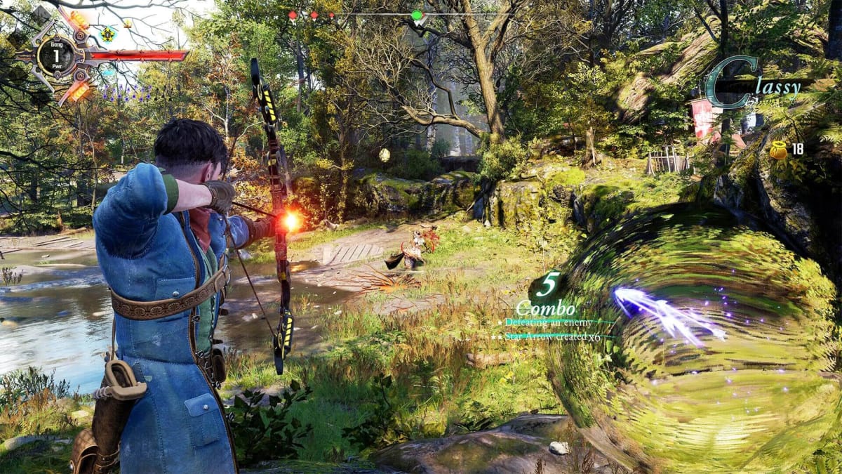 The player aiming a bow at an enemy in a rural setting in Gangs of Sherwood