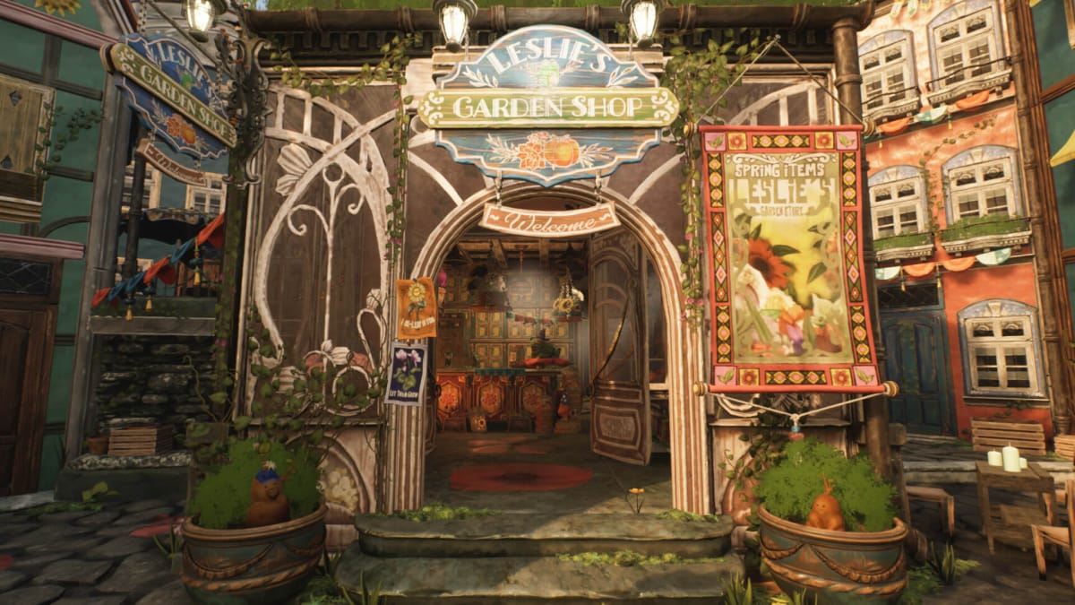 The shop front of Leslie's Garden Shop, which has a rustic wooden aesthetic, in Garden Life: A Cozy Simulator
