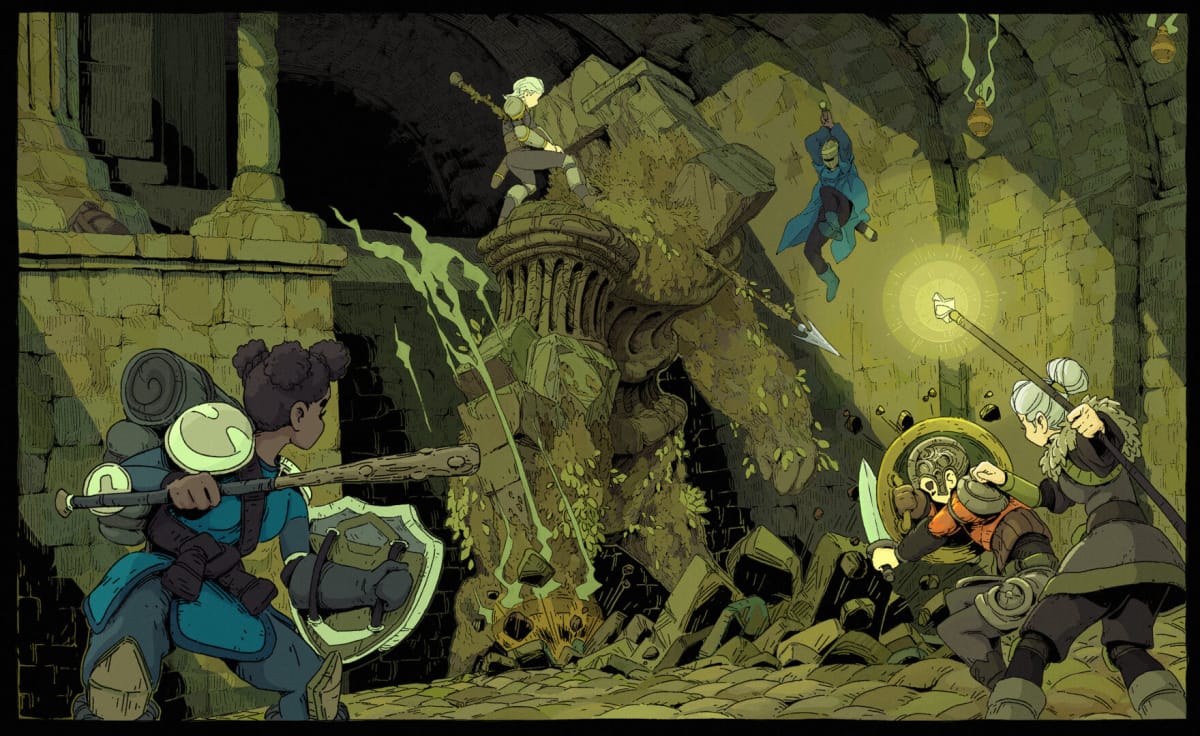 A group of characters attacking some kind of moss-covered construct in the debut game from indie studio Gardens