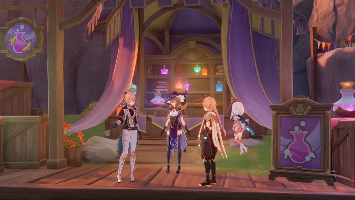 Three characters from Genshin Impact standing in the new potion shop in Genshin Impact 4.5