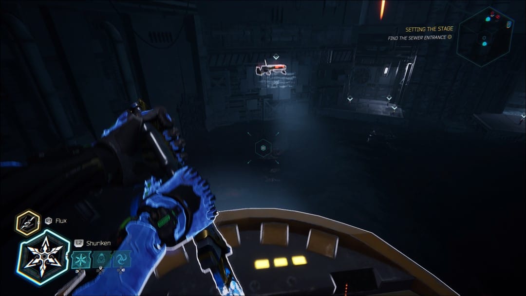 A screenshot of Ghostrunner 2 showing Jack riding on top of a drone, riding towards another one.