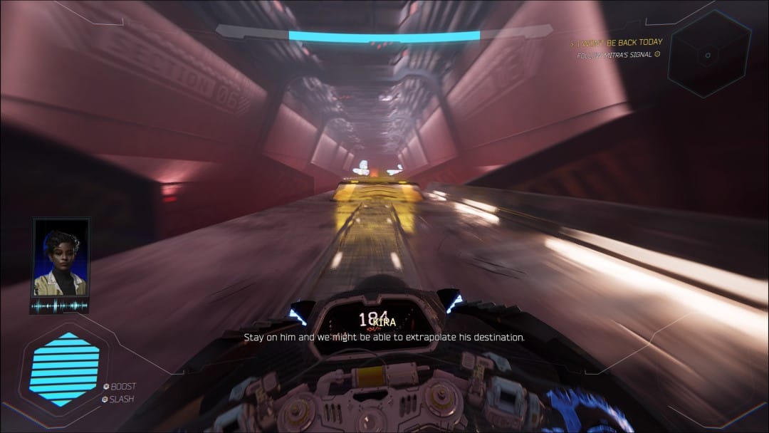 A screenshot of Jack driving a motorcycle down a highway, ramp in the distance from Ghostrunner 2