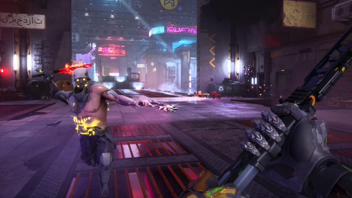 The player being attacked by a cyborg enemy in a neon-drenched city in the PlayStation Plus May 2024 game Ghostrunner 2