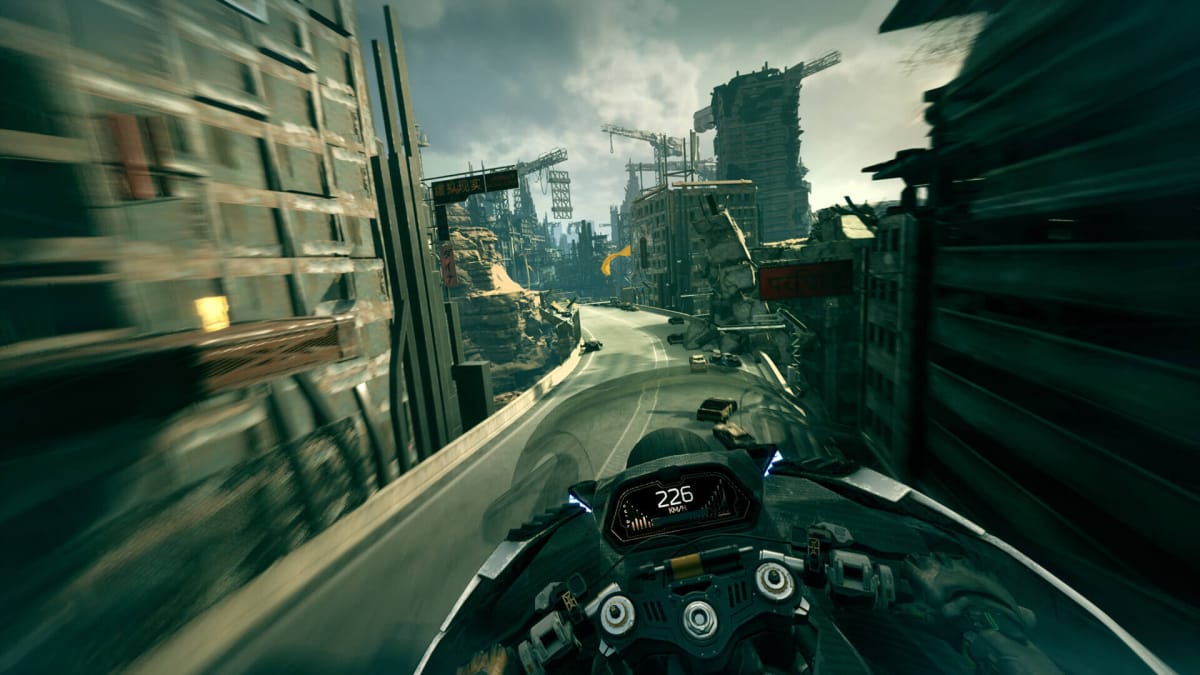 The player tearing through a ruined city on a motorbike in Ghostrunner 2