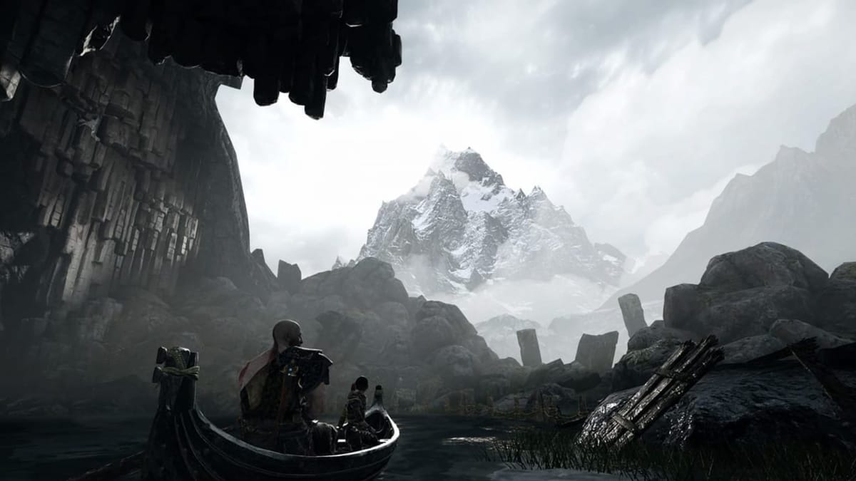 Kratos and Atreus can be seen in a boat looking at a mountain