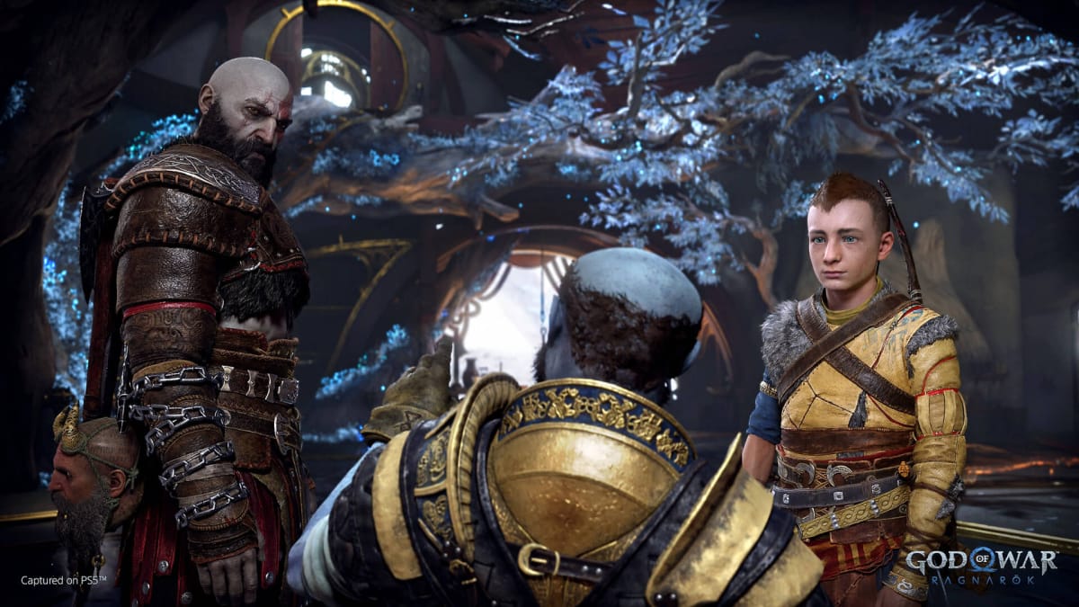 Kratos and Atreus looking back at Brok in God of War Ragnarok, which is at number four in the UK boxed charts