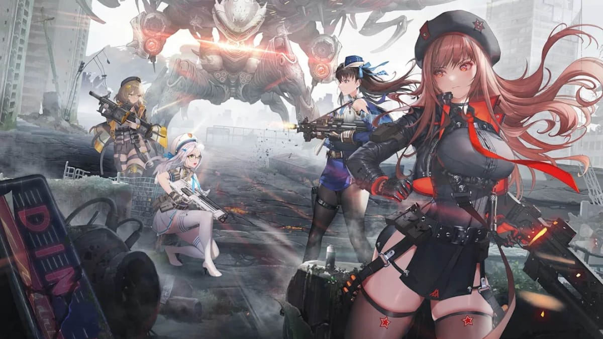 Key art depicting several characters from Goddess of Victory: Nikke in a ruined city