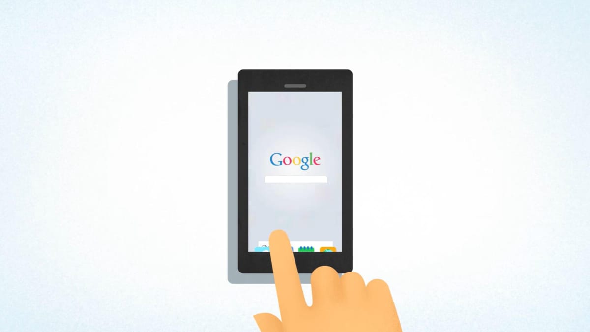 A stylized image of a hand using a smartphone with Google Now on it