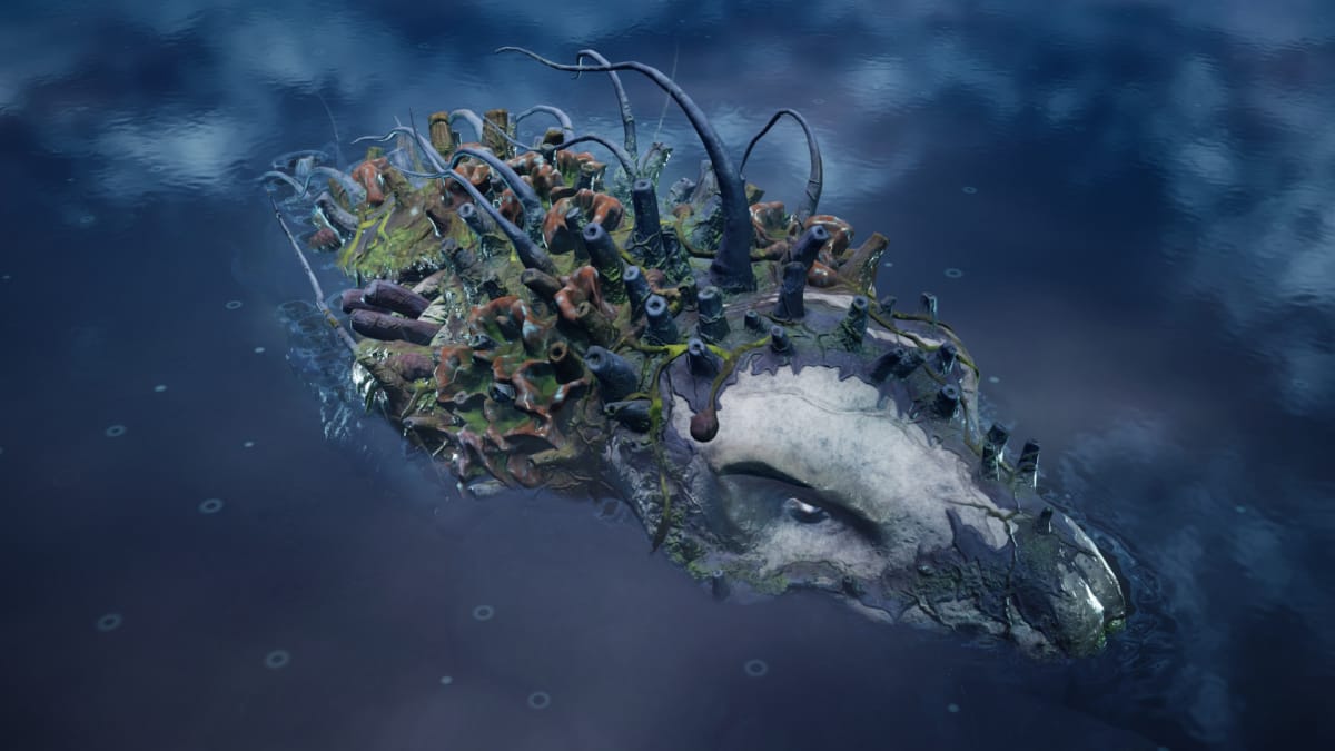 Gord screenshot showing a hybrid plant and amphibious snake-like creature swimming half submerged in a pond