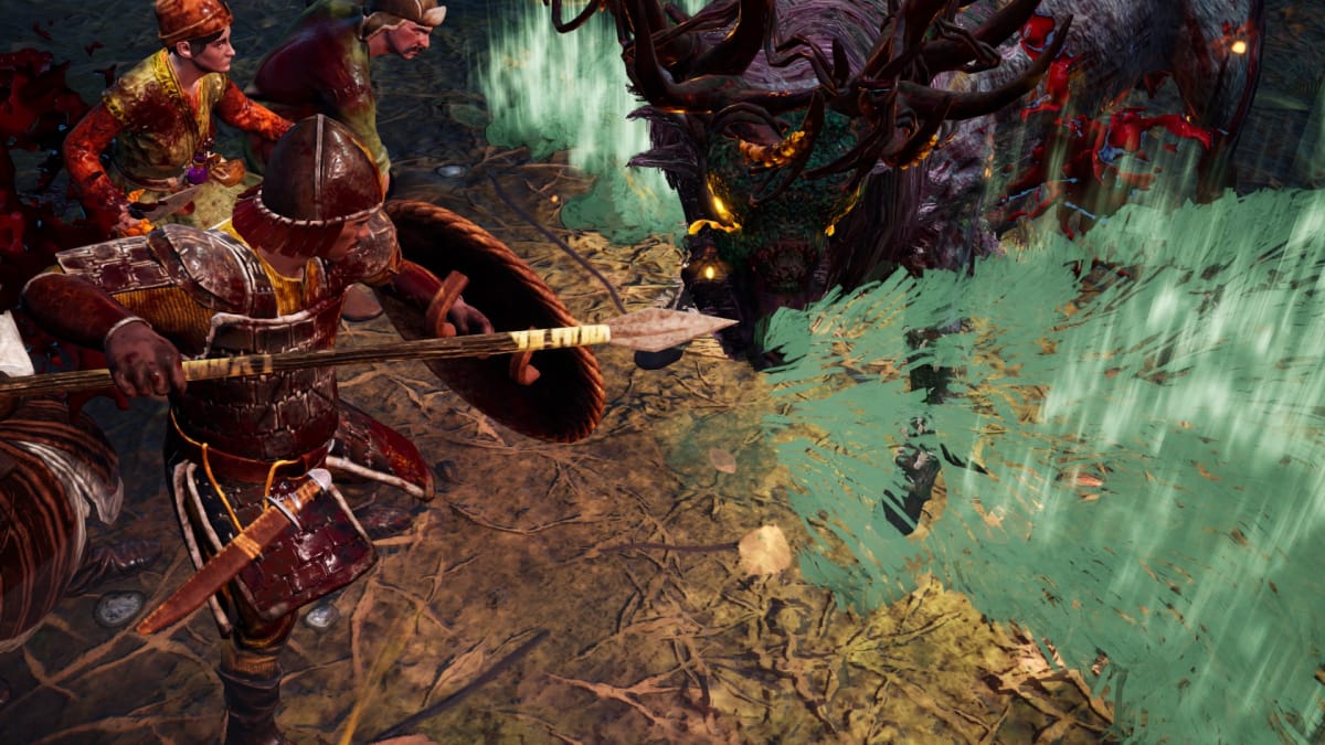 Gord screenshot showing a man with a spear trying to stab a magic deer in the head