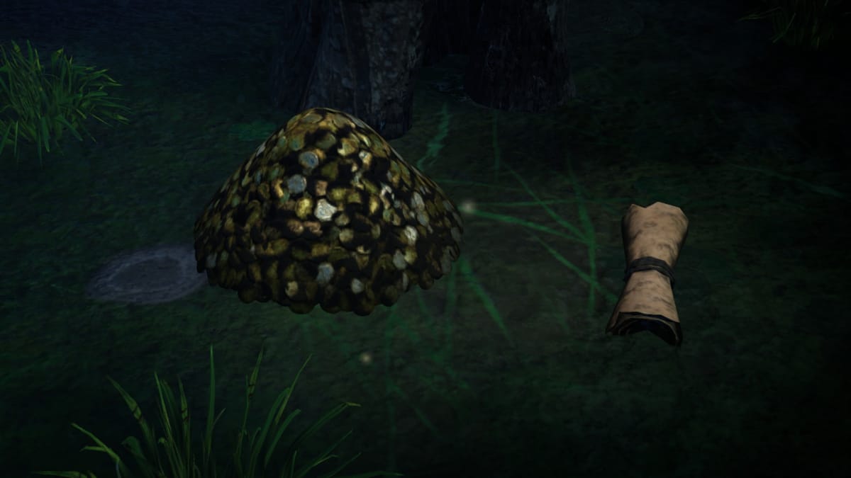 Gord screenshot showing a pile of gold and a scroll sitting in the grass