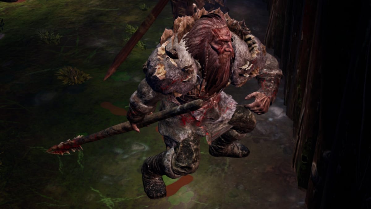 Gord screenshot showing a red haired warrior cheiftain weilding a spear and attacking an unseen structure