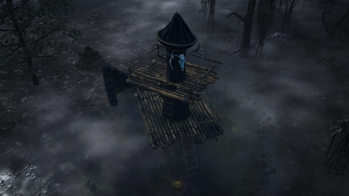 Gord screenshot showing a tower with a cow skull hanging from it
