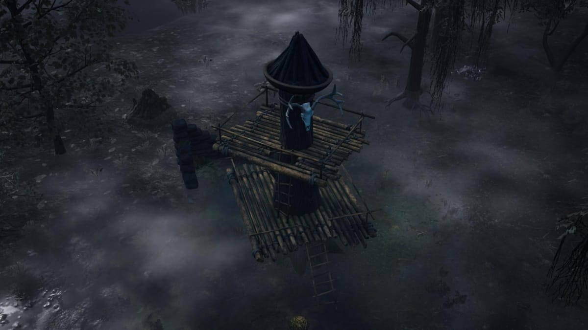 Gord screenshot showing a tower with a cow's skull hung on it in the wilderness