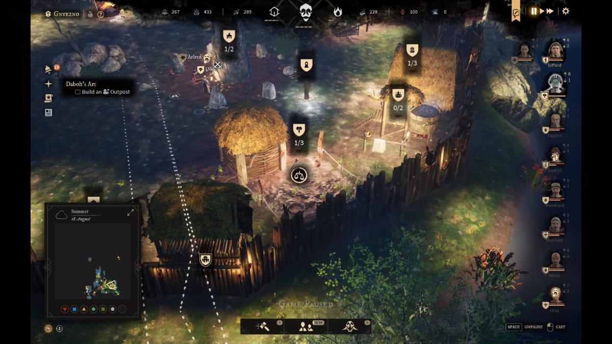 Gord screenshot showing an active village with various tool tips and HUD icons floating over them