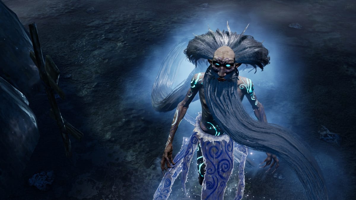 Gord screenshot showing an old man covered in blue tattoos as he stands with glowing blue eyes and a shining aura around him